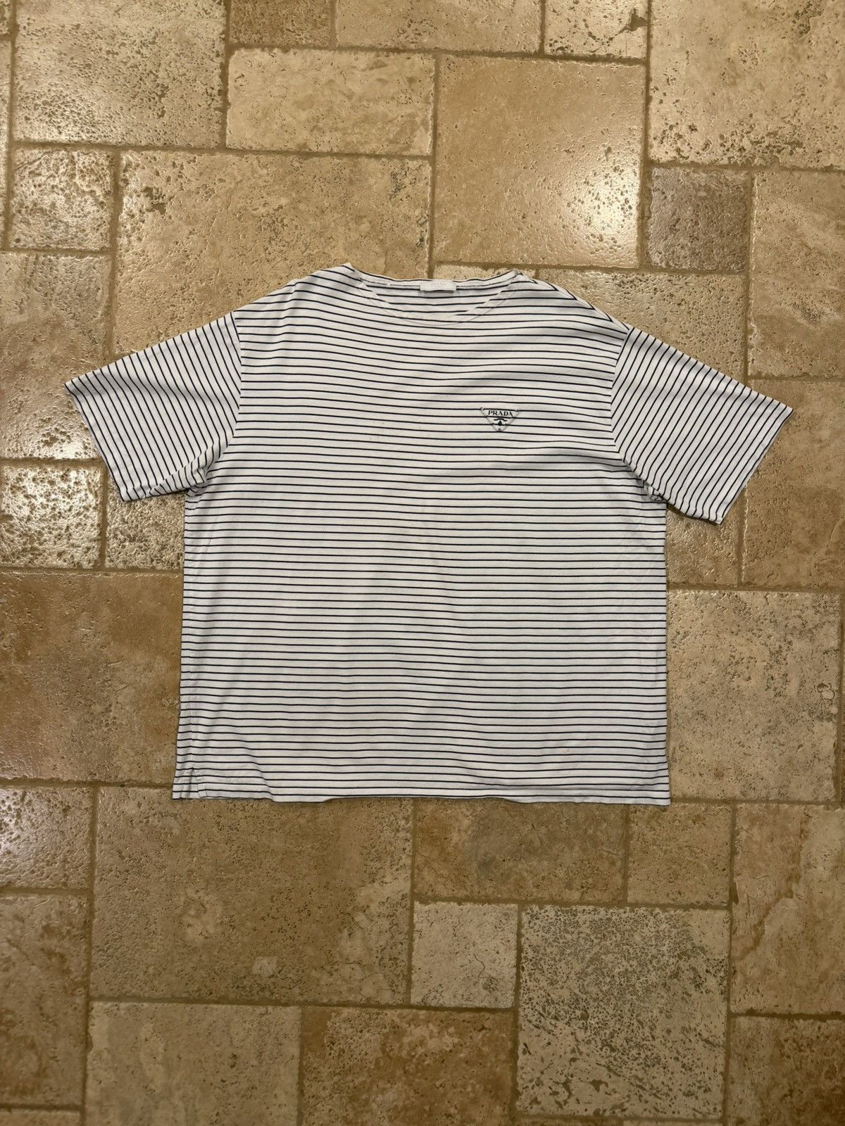 Prada Prada Striped Navy White Cotton Triangle Logo T-Shirt Size US XXL / EU 58 / 5 - 16 Thumbnail