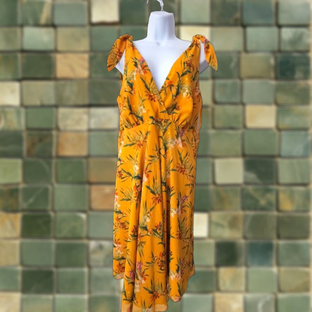 Vintage Alex Marie Dress Floral Print Wrap V Neck Sleeveless Midi Size 8 Yellow Lined Size M / US 6-8 / IT 42-44 - 1 Thumbnail