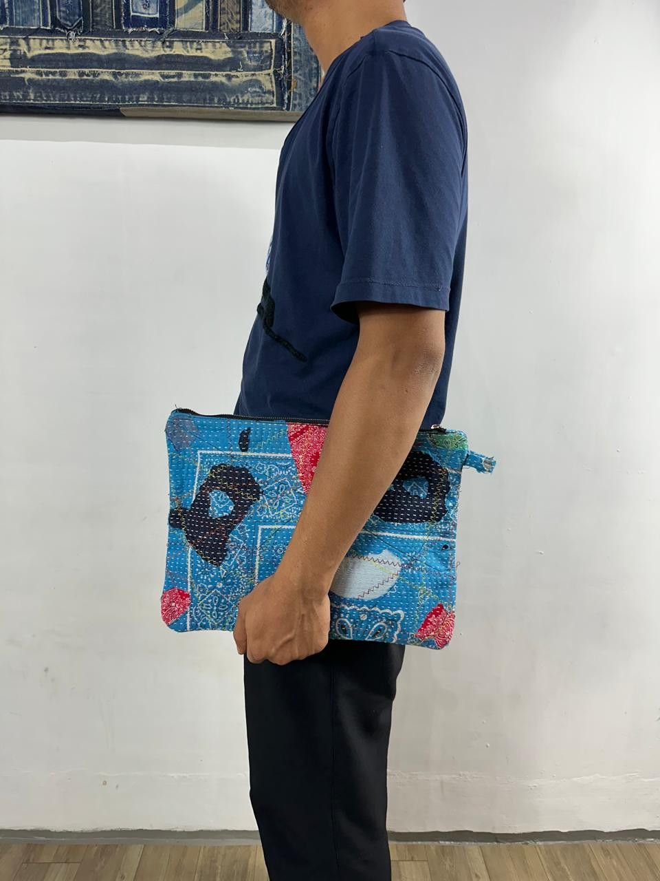 Handmade Custom Made Distressed Denim Paisley Patchwork Boro Clutch Size ONE SIZE - 7 Thumbnail