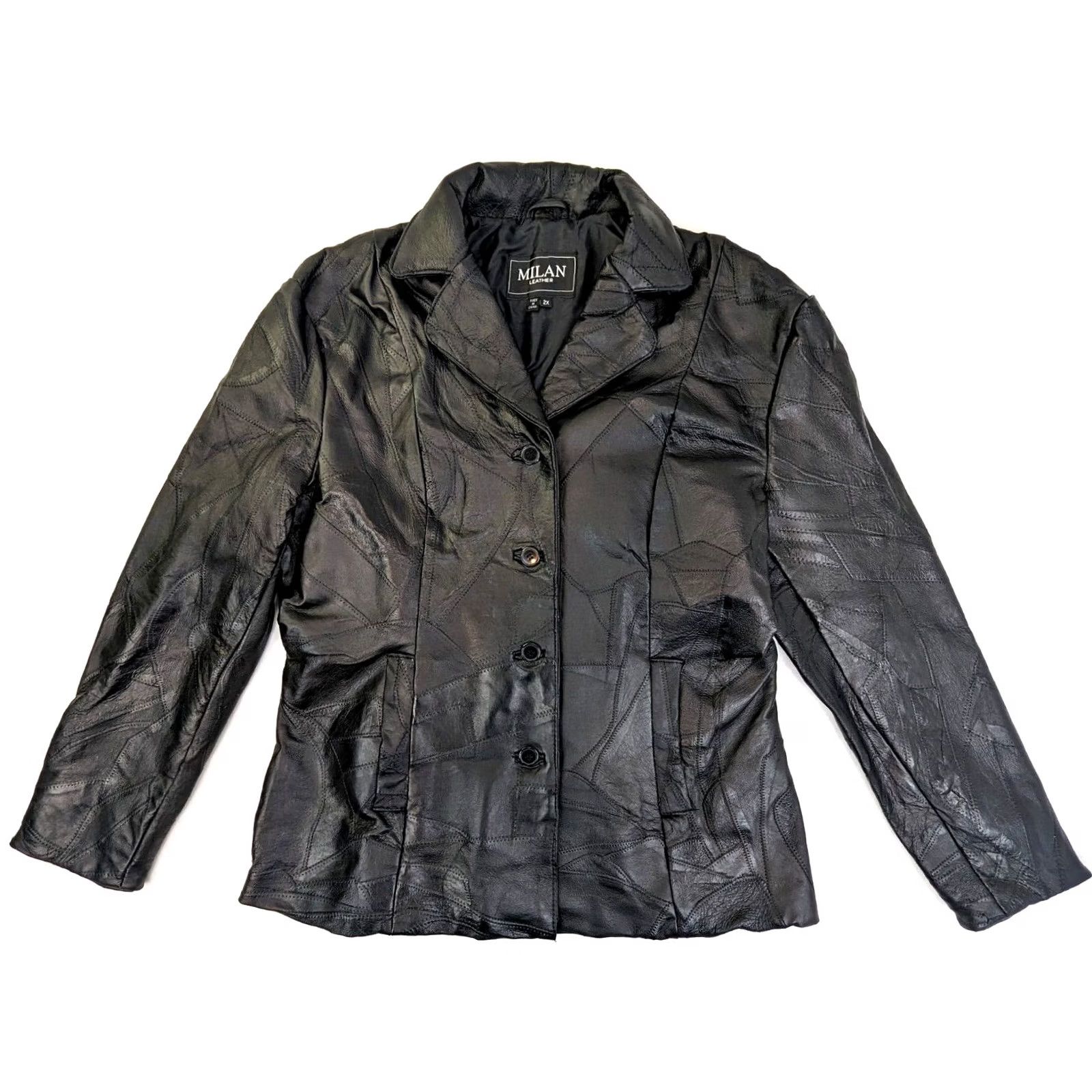 Vintage VINTAGE Milan Patchwork Leather Jacket Women 2XL Tooled Lined Button Brown Black Patchwork Retro Jacket Womens 2XL Size XXL / US 16-18 / IT 52-54 - 2 Thumbnail