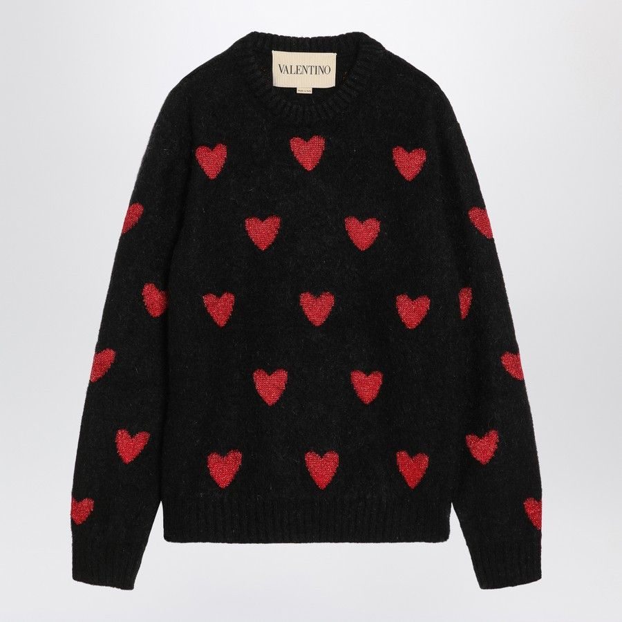 o1d2blof1025 Jacquard Heart Pattern Sweater in Black/Red