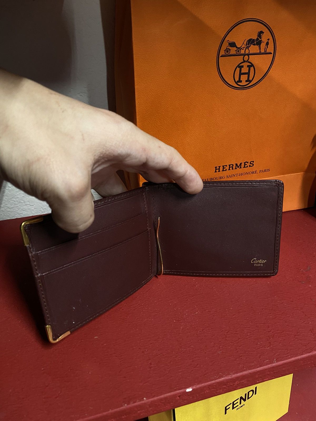 Cartier × Designer Cartier Red Vintage Men’s Bifold Leather Wallet Preowned Size ONE SIZE - 3 Thumbnail