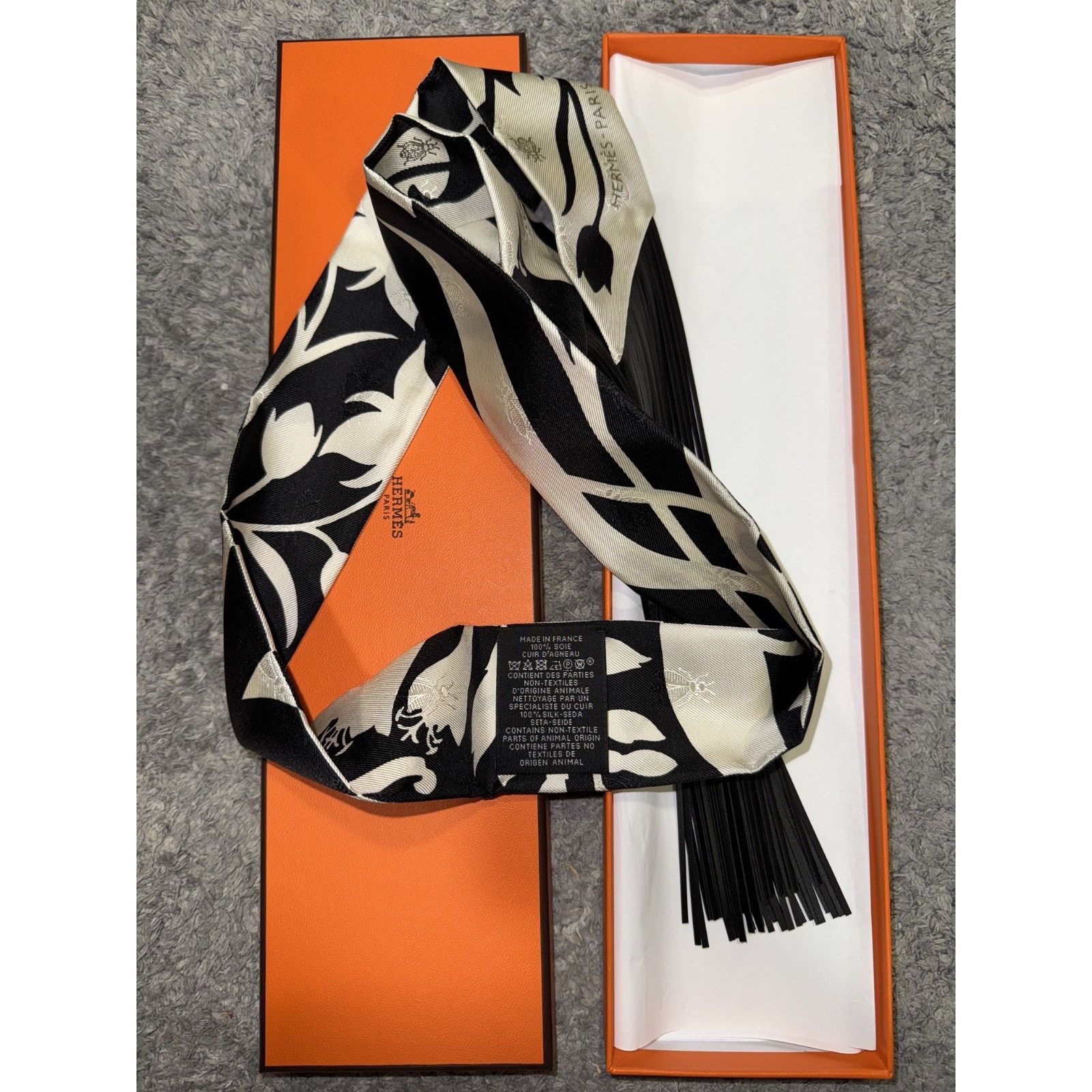 Hermes Hermes Scarf Twilly Fringe Leather Bouquet White Black Silk Size ONE SIZE - 9 Thumbnail