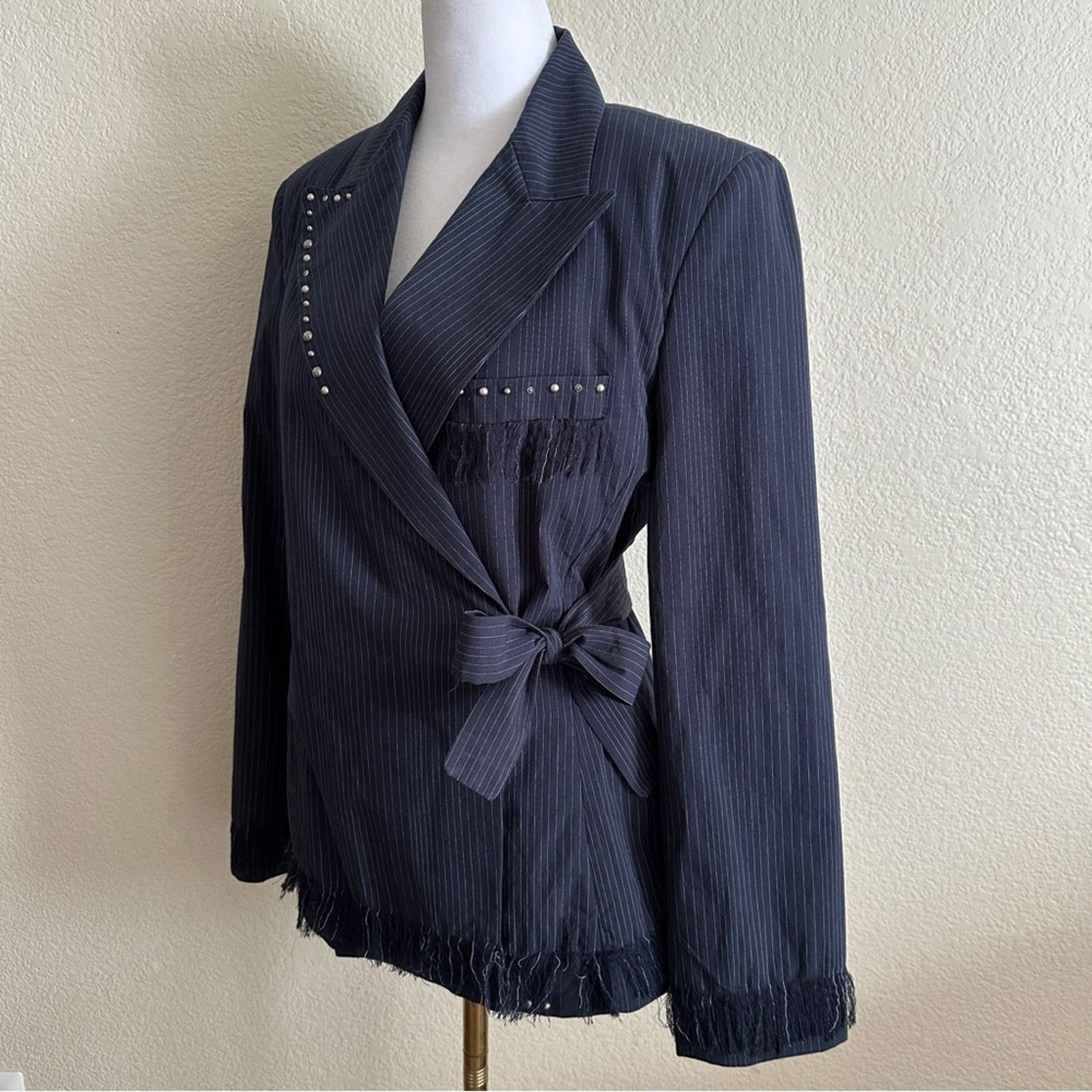 AGLINI AGLINI Pinstriped 100% COTTON Wrap Tie Blazer Blue White 42 Size M / US 6-8 / IT 42-44 - 2 Thumbnail