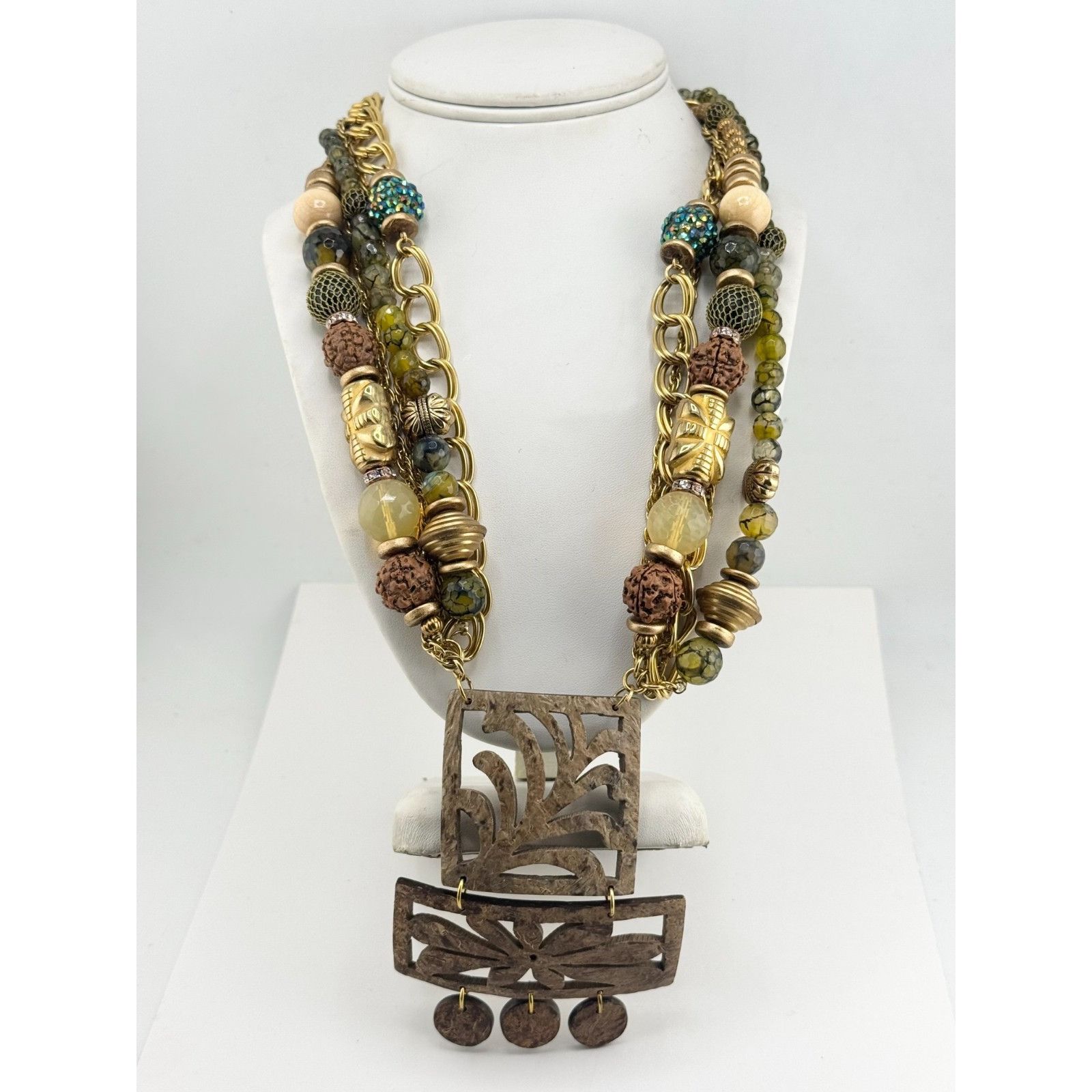 Vintage Vintage multi strand green glass beaded bamboo wood pendant Size ONE SIZE - 7 Thumbnail