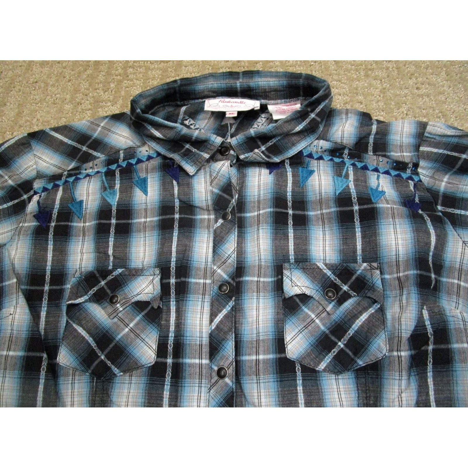 Vintage Panhandle Slim Pearl Snap Shirt Women XL Blue Plaid Embroidered Western White Distressed? Size XL / US 12-14 / IT 48-50 - 2 Thumbnail