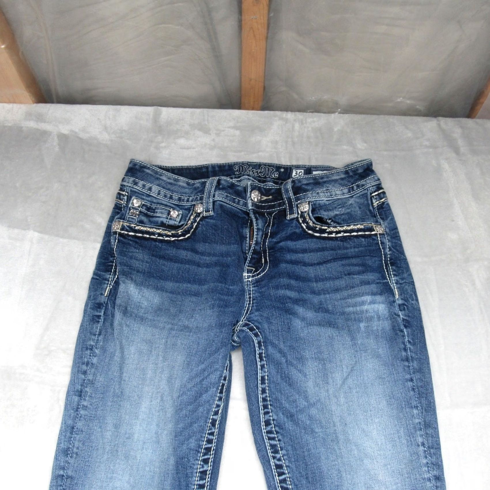 Miss Me Miss Me Jeans Womens Skinny Medium Wash Blue Denim Embellished Whisker Fade 29x28 Size 29" - 7 Thumbnail