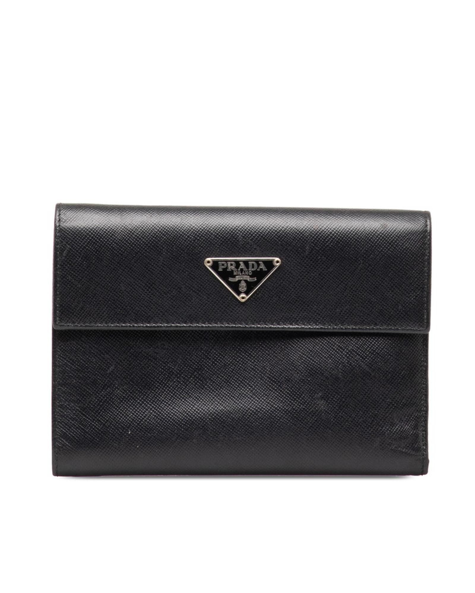 image of Prada Trifold Leather Wallet In Black, Women's