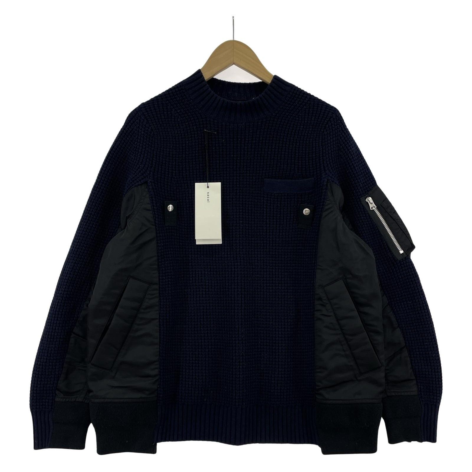 sacai MA-1 割引 X Wool Knit Pullover Sacai Navy Blue Rib Knit Wool