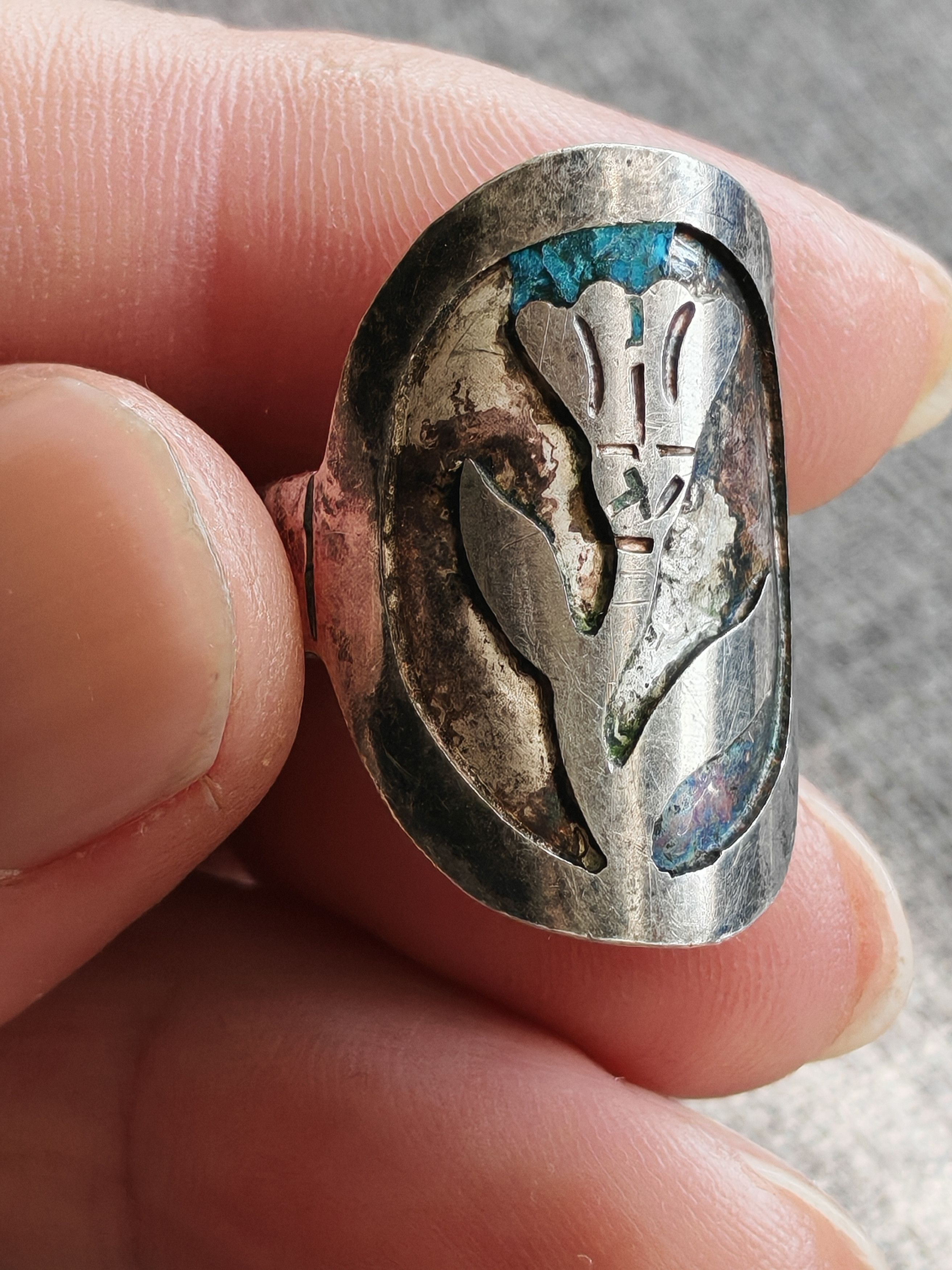 Other Vintage Sterling Silver Bell Flower Inlay Ring With Marking Size ONE SIZE - 5 Thumbnail