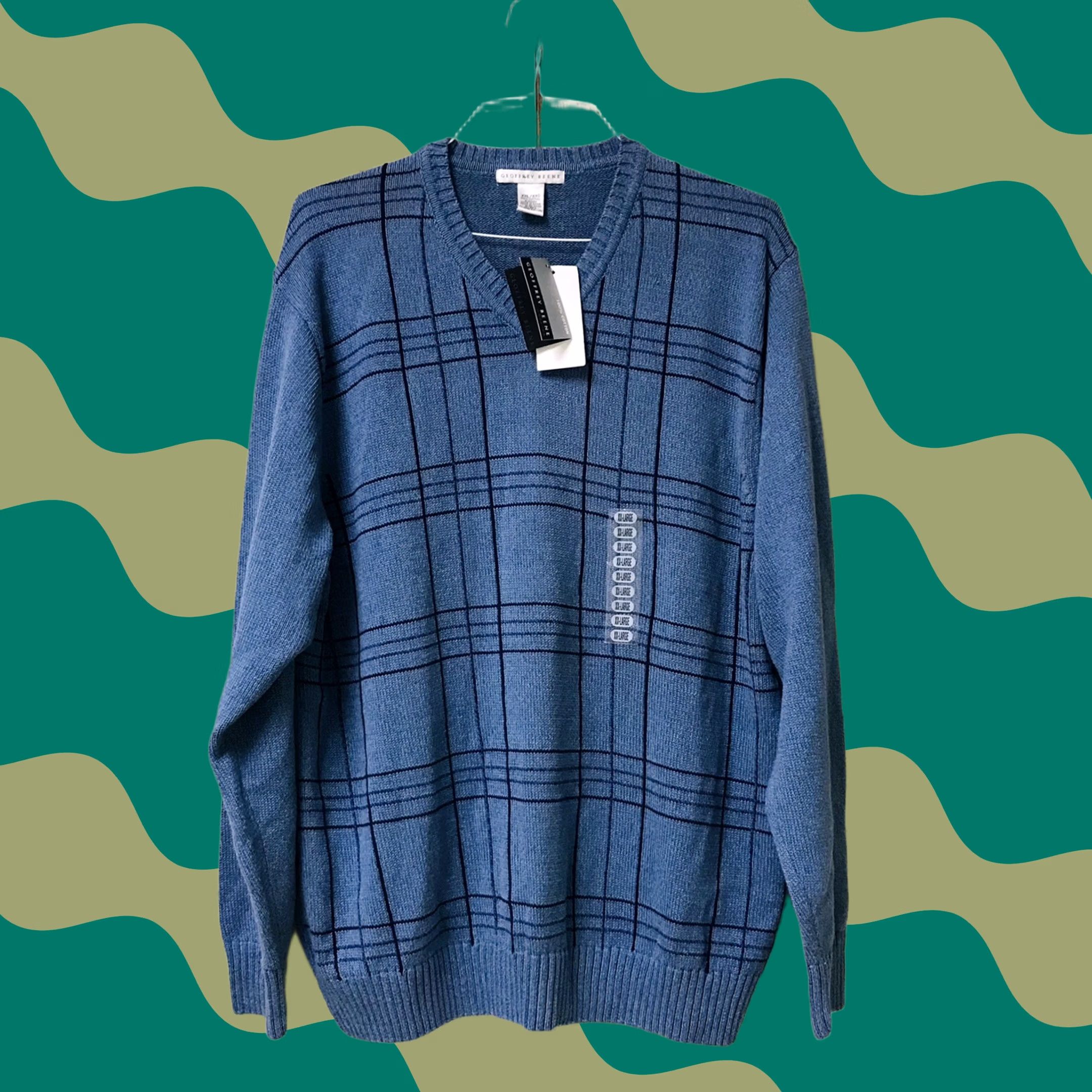 Geoffrey Beene Geoffrey Beene Men V-Neck Knit Sweater Blue Geometric Tartan Stripe XXL Pullover Wool? No, Cotton Size US XXL / EU 58 / 5 - 1 Thumbnail