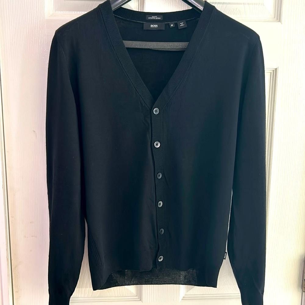 Hugo Boss BOSS -Vneck Cardi - Black - Medium - Slim - 100% Merino Wool Size US M / EU 48-50 / 2 - 2 Thumbnail