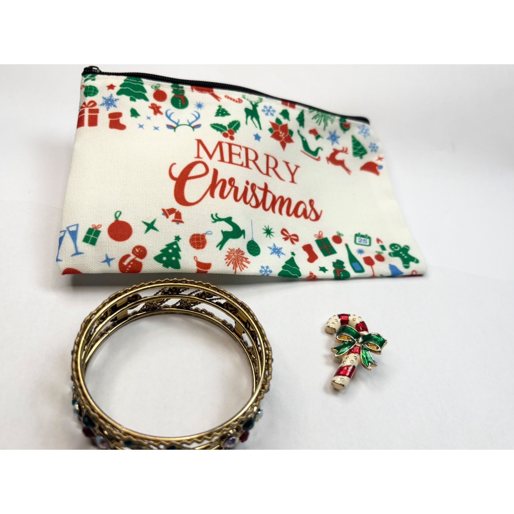 Other Merry Christmas Pouch W/Gold Bangles & Candy Cane Brooch Set Size ONE SIZE - 4 Thumbnail