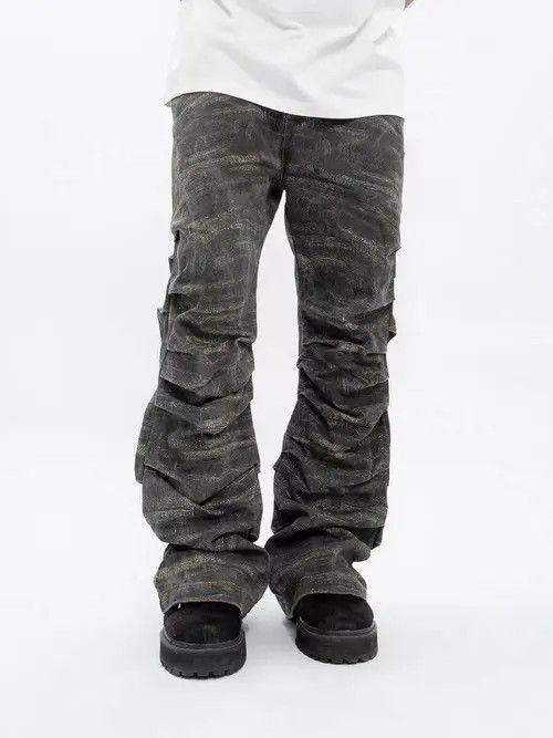 image of Army Green Special Camouflage Pleated Micro Flared Jeans, Men's (Size 32)