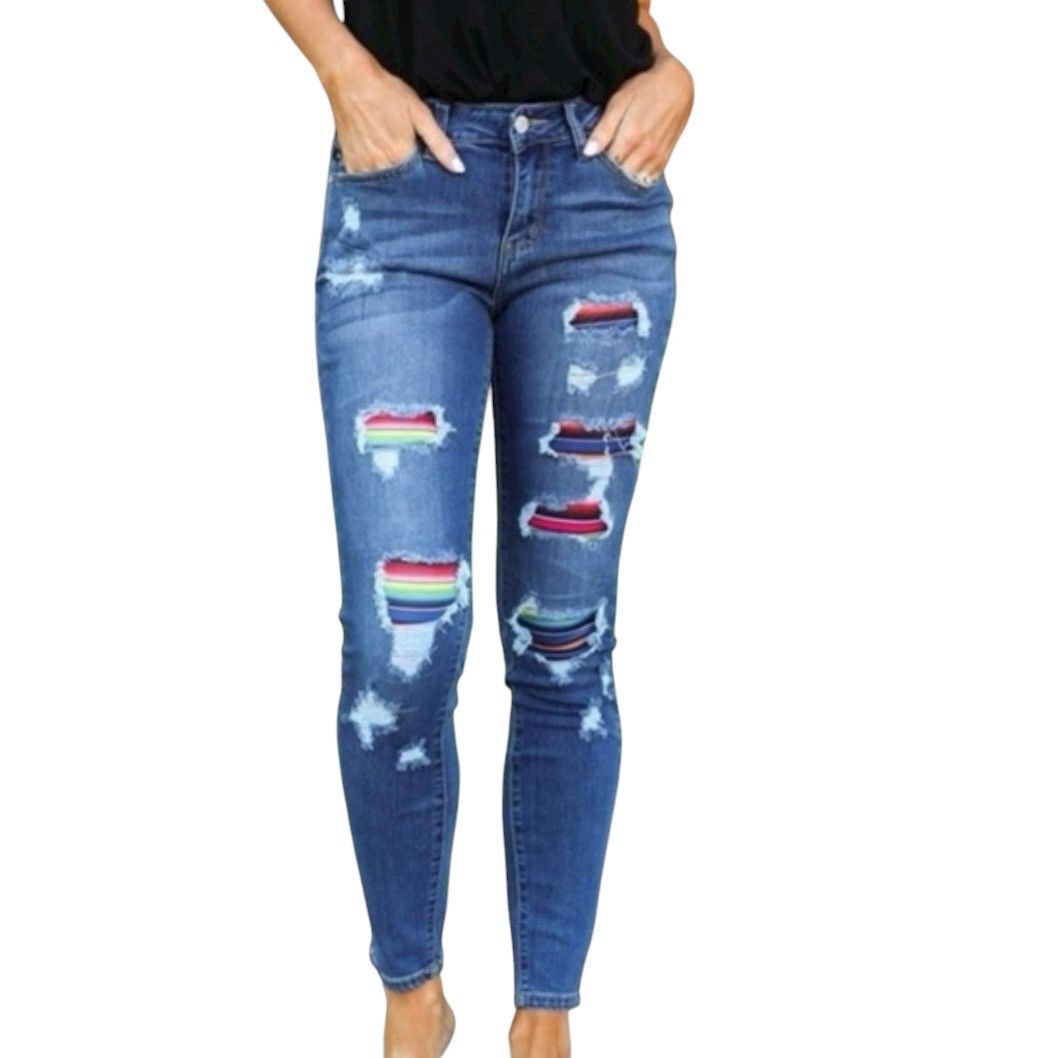Judy Blue Judy Blue rainbow serape patch distressed jeans Size 29" - 1 Thumbnail