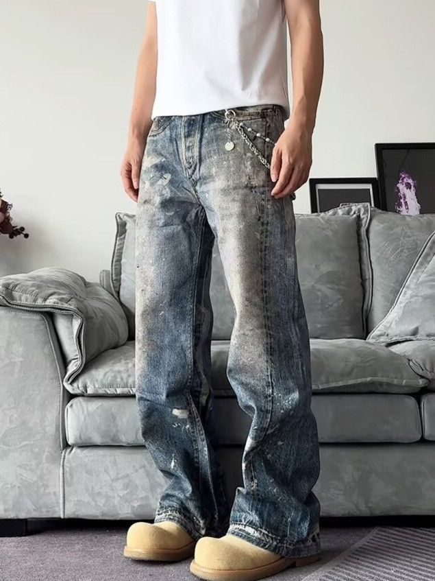 Japanese Brand Retro straight tube splashed ink printed jeans Size US 32 / EU 48 - 2 Thumbnail