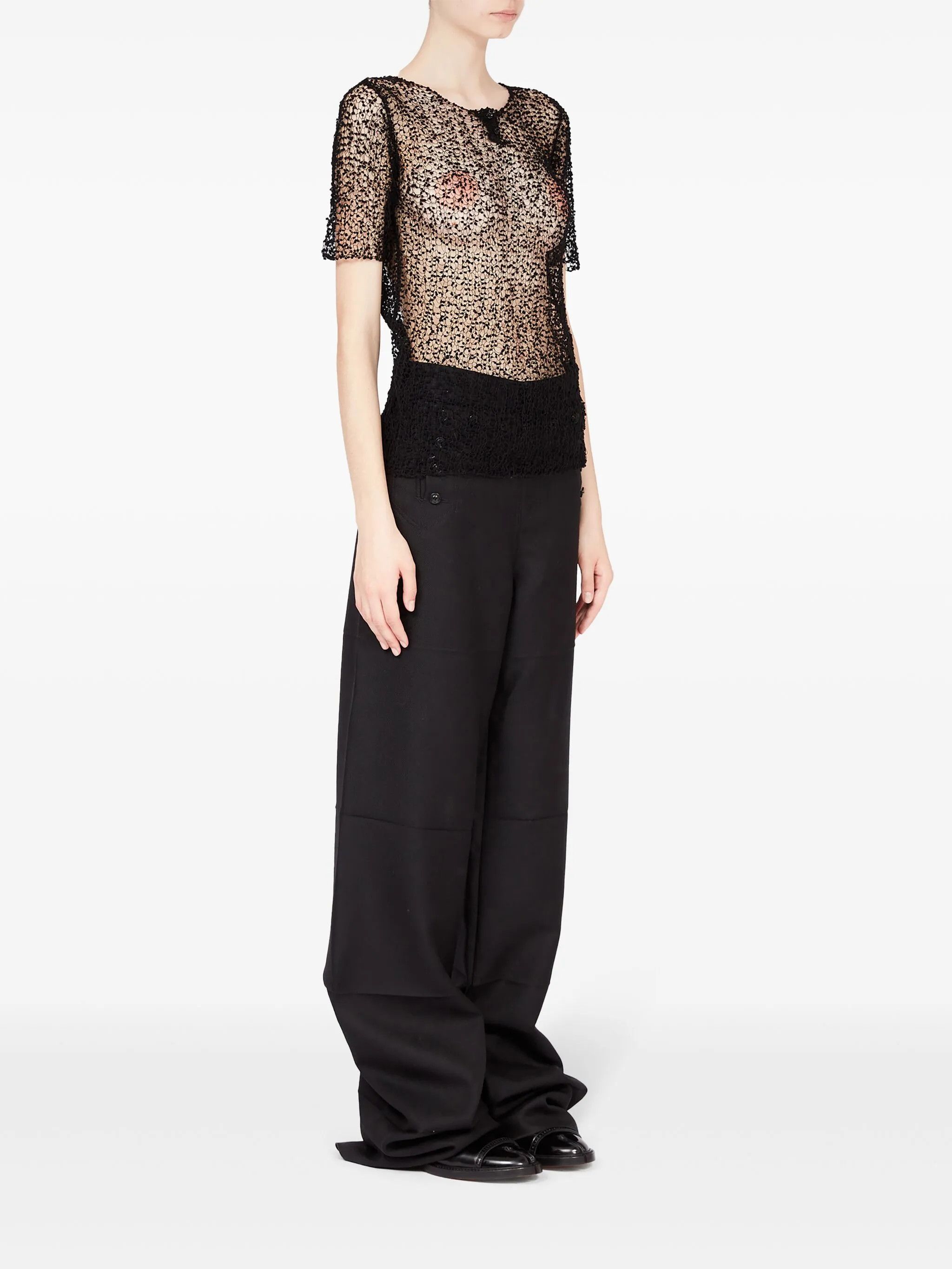 oc11z1025 Dot Embroidered Semi Sheer Top in Black