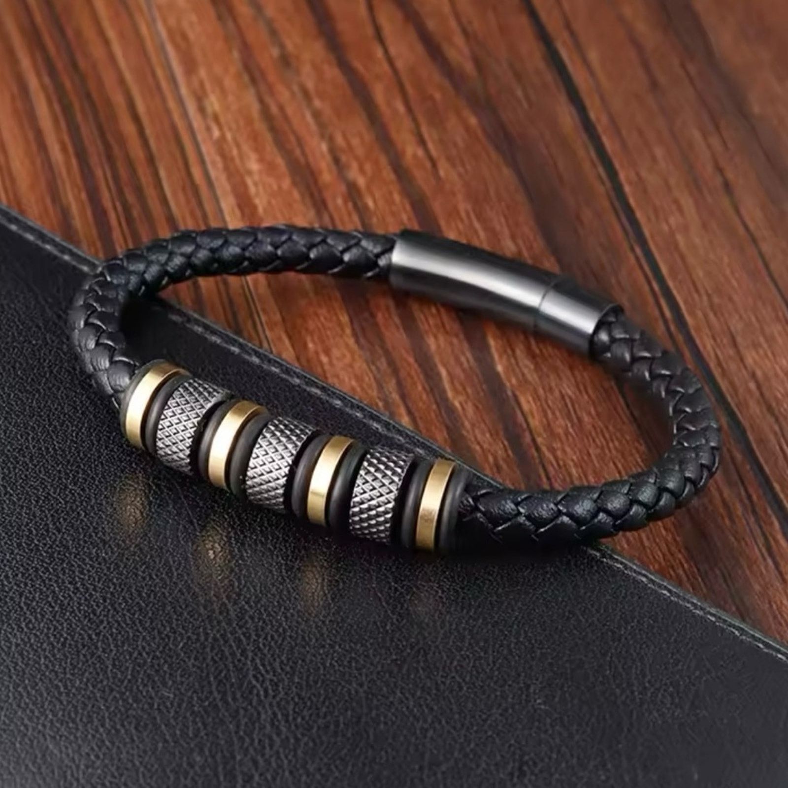 Other Men’s Stainless Steel Beaded Black Leather Bracelet 8” Size ONE SIZE - 1 Thumbnail