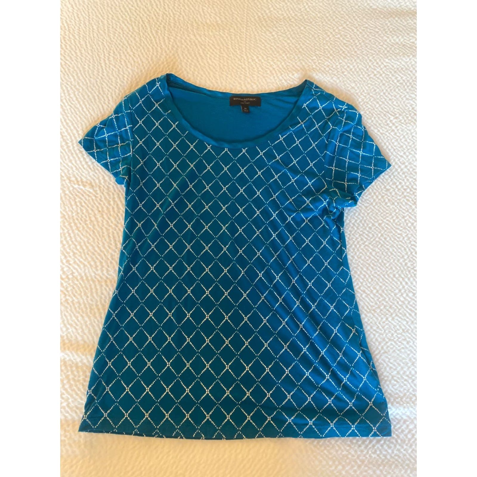 Banana Republic Banana Republic Blouse Women's Medium Blue Rayon Geometric Crew Neck Short Sleeve Stretch Luxe Touch Regular Fit Casual 90s? Size M / US 6-8 / IT 42-44 - 4 Thumbnail