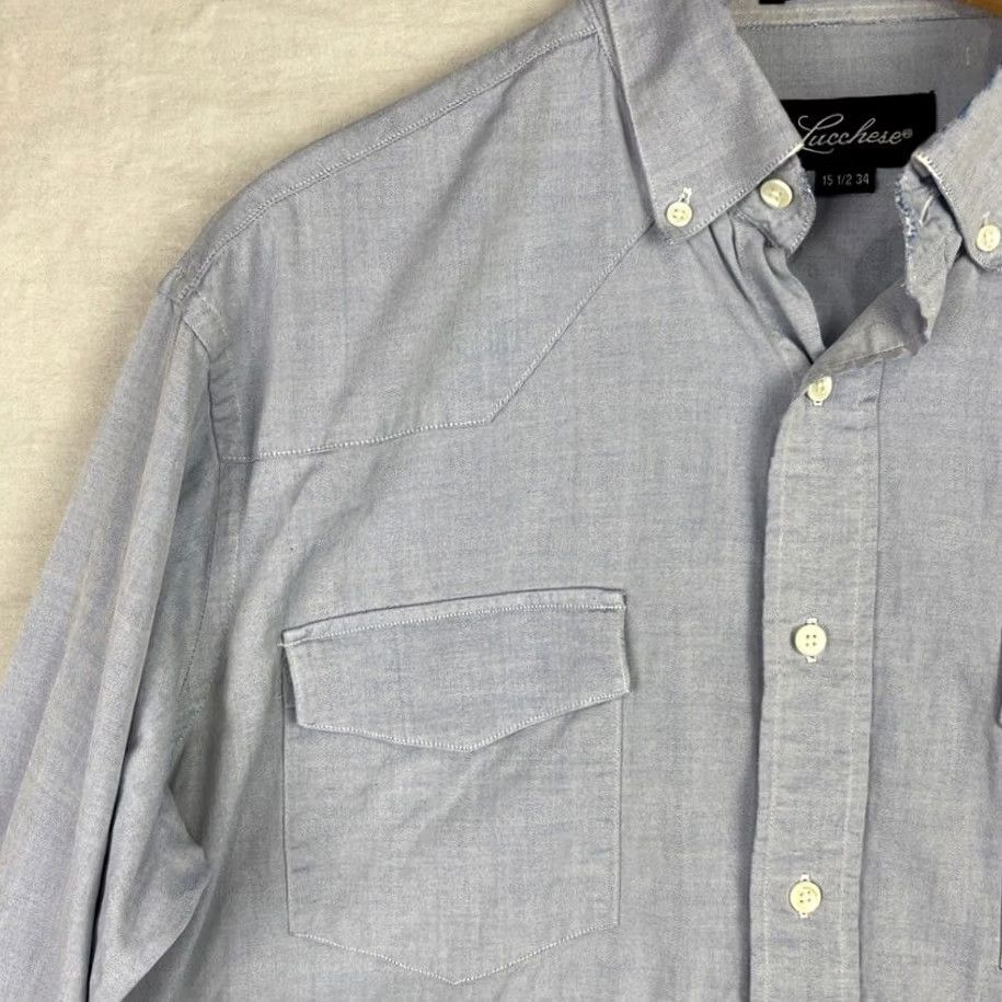 Vintage Lucchese Shirt Mens 34 Blue Chambray Western Button Down Long Sleeve Cowboy Shirt Men Casual Button-Up Size US S / EU 44-46 / 1 - 7 Thumbnail