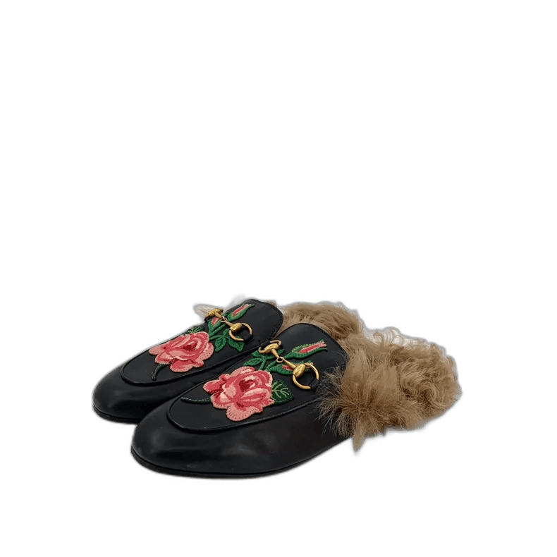 Gucci Gucci Black Rose Embroidered Leather Slippers Size US 6 / EU 39 - 1 Thumbnail