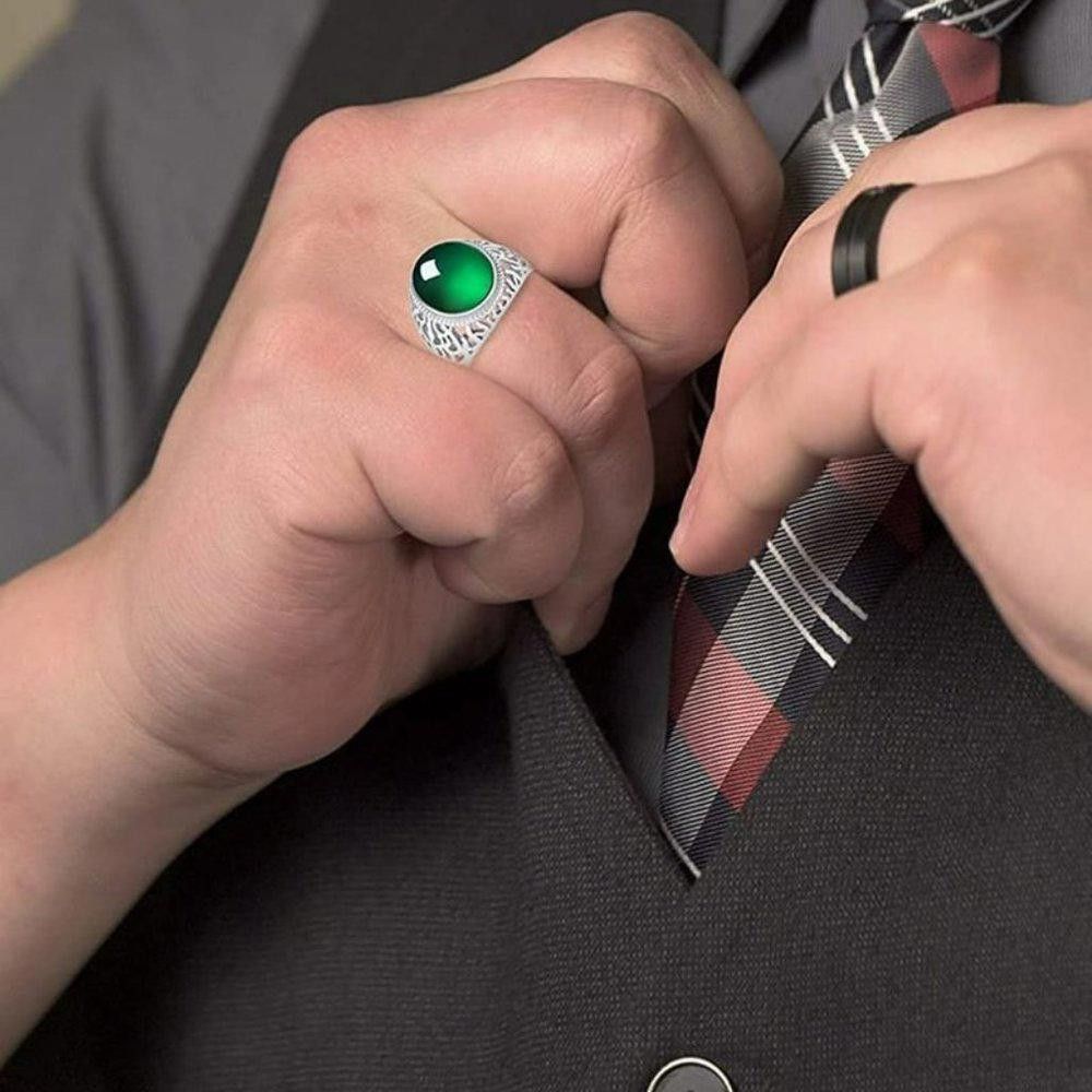 Designer Men's 925 Sterling Silver Green Resin Hollow Open Ring Size ONE SIZE - 6 Thumbnail