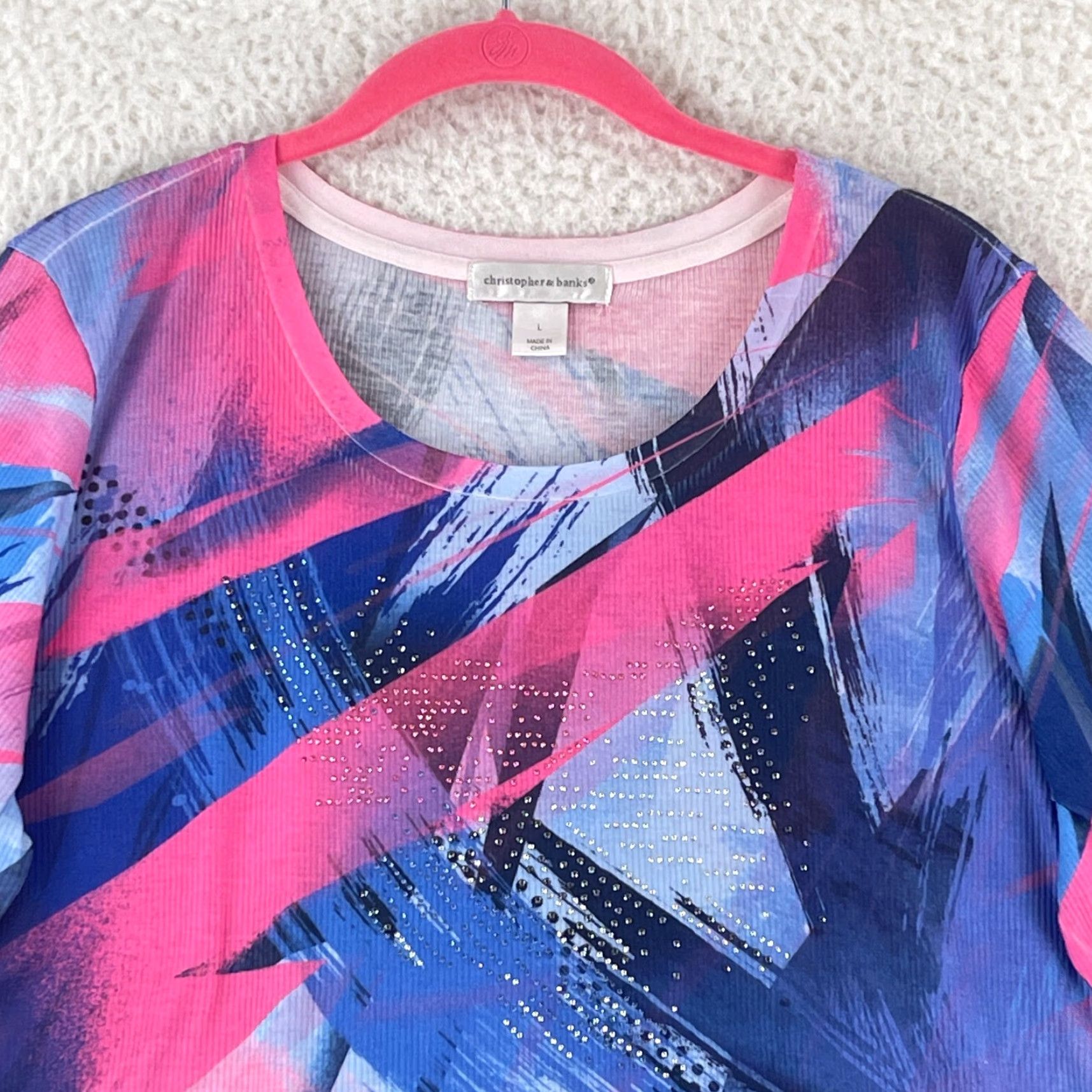 Vintage Christopher & Banks Shirt Womens Large Pink Mixed Media Pullover 3/4 Sleeve Knit Geometric Pattern Casual Size L / US 10 / IT 46 - 3 Thumbnail