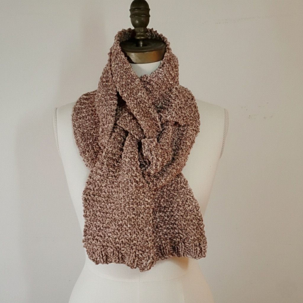Other Handknit 74x5.5" Scarf Knit Burgundy Beige Chenille Soft Size ONE SIZE - 4 Thumbnail