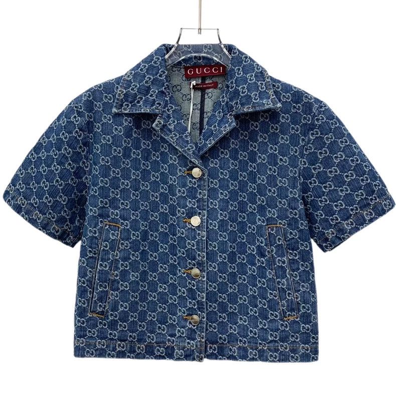 Gucci Gucci Size34 Dark blue logo jacquad full print cotton lapel Size US XXS / EU 40 - 1 Thumbnail