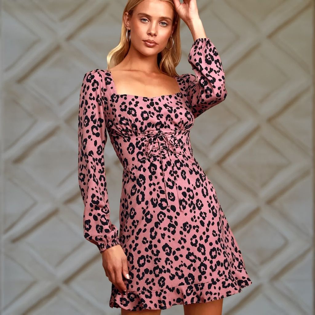 Lulus Lulus Leopard Print Mini Dress Womens Large Pink Square Neck Size L / US 10 / IT 46 - 1 Thumbnail