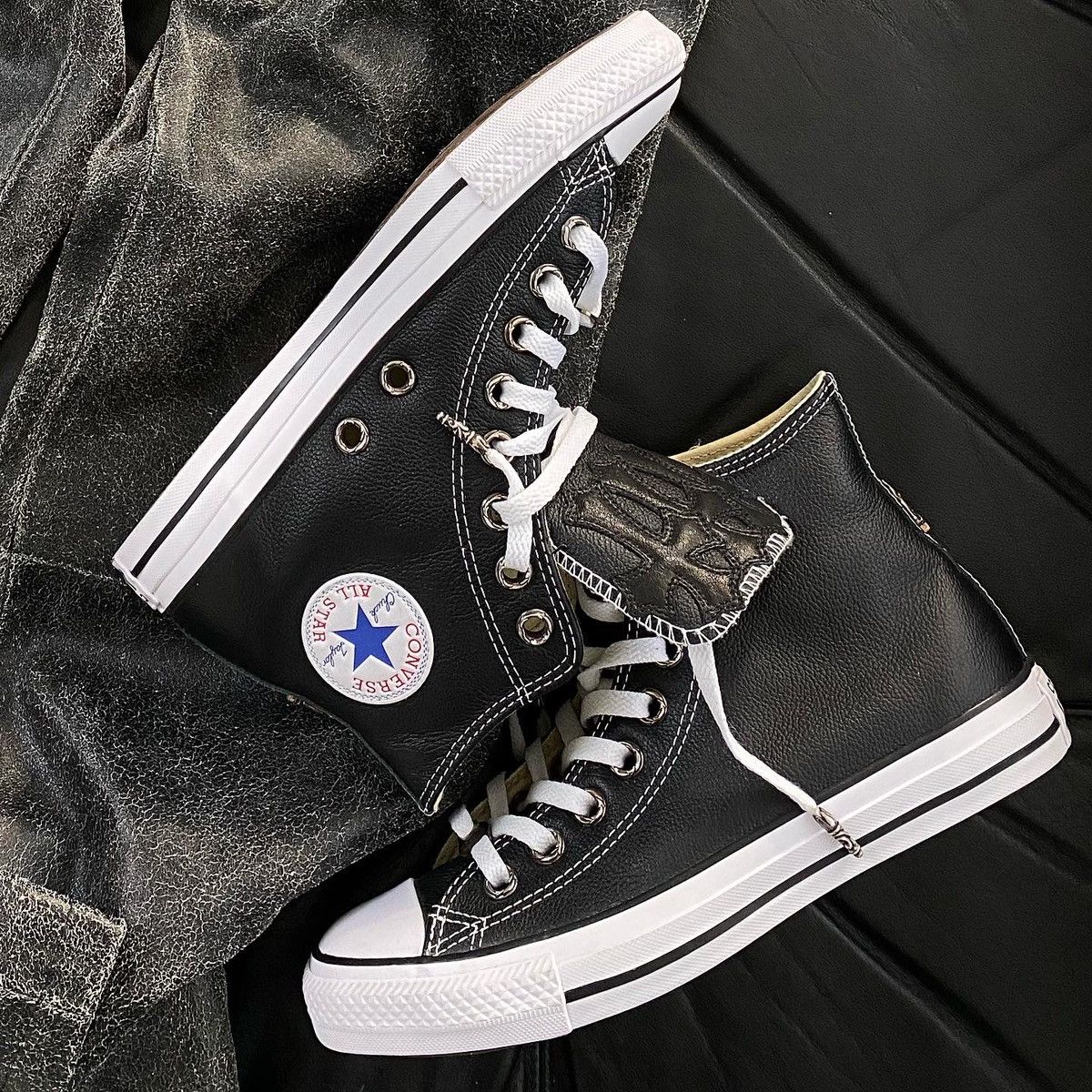 image of Chrome Hearts 3 Cross Leather Converse Chucks Shoes in Black, Men's (Size 8)