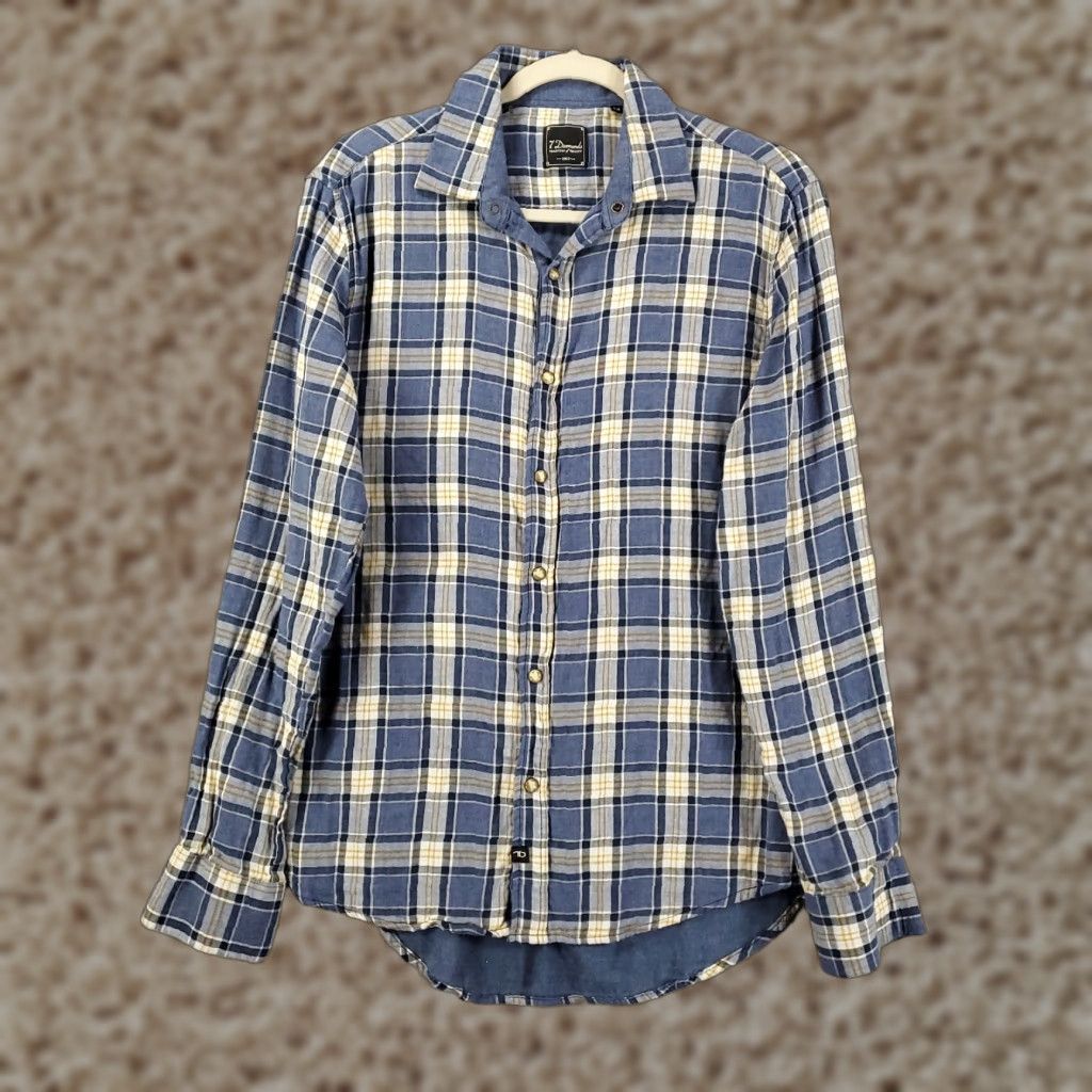 Vintage 7 Diamonds Shirt Mens Medium Blue White Plaid Pearl Snap Up Long Sleeve Cotton Size US M / EU 48-50 / 2 - 1 Thumbnail