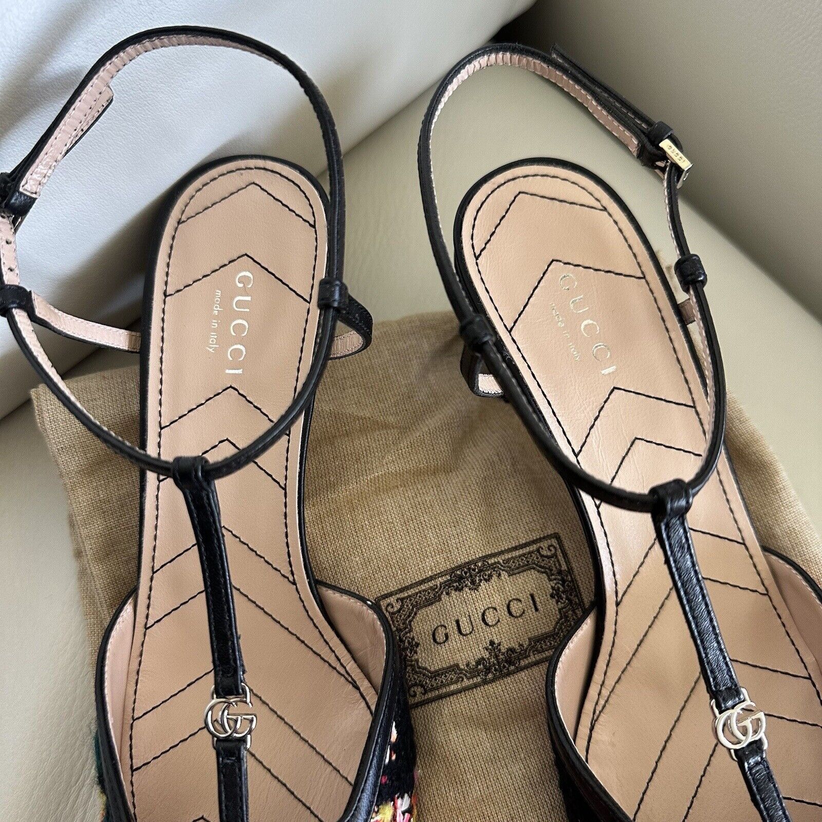Gucci NEW GUCCI Marmont 55mm Tweed T-Strap Pumps Orange Pink Petr Size US 7 / IT 37 - 7 Thumbnail