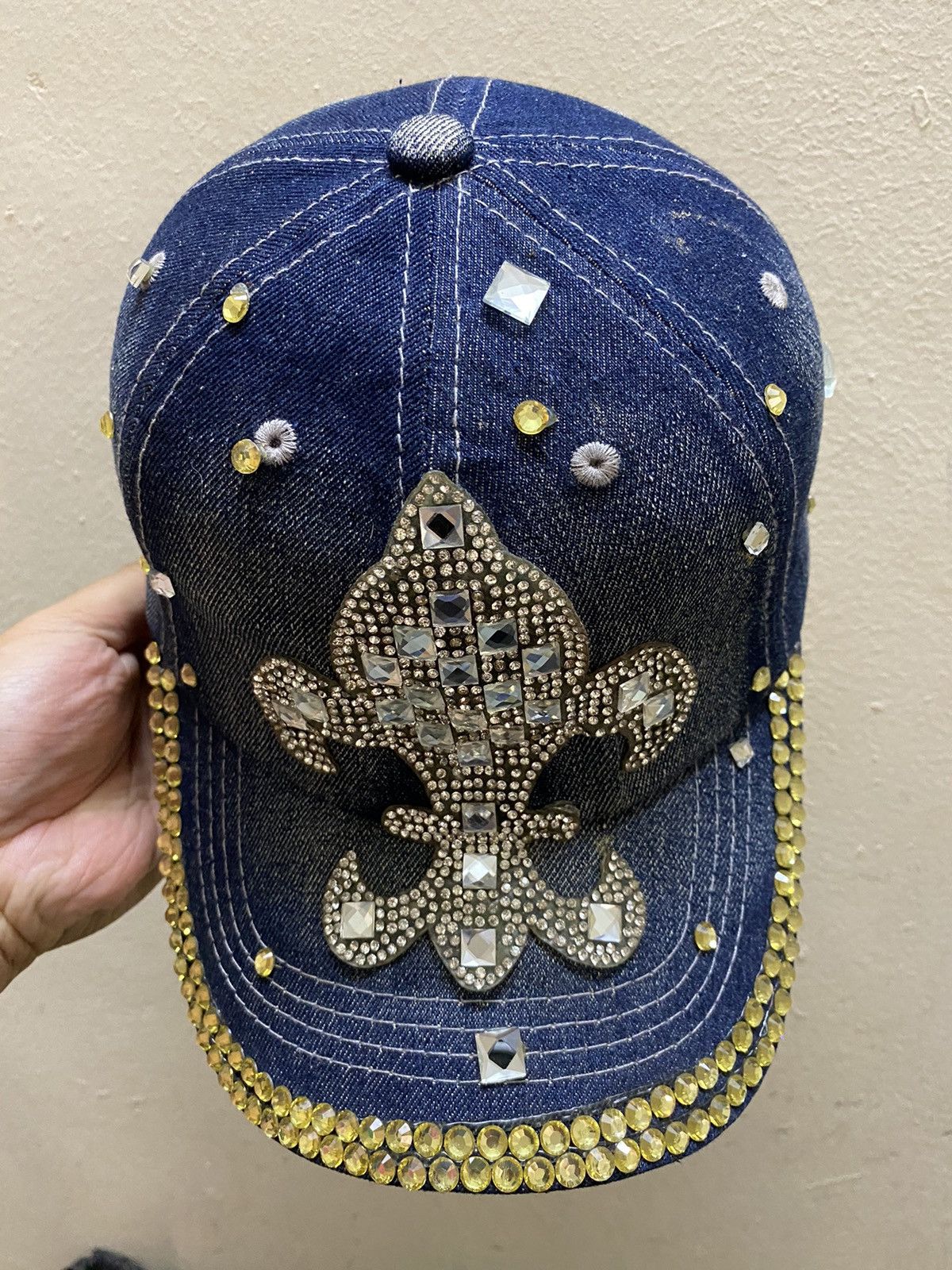 Japanese Brand Japan Brand Rhinestones Blue Denim Distressed Bling Cap Size ONE SIZE - 2 Thumbnail