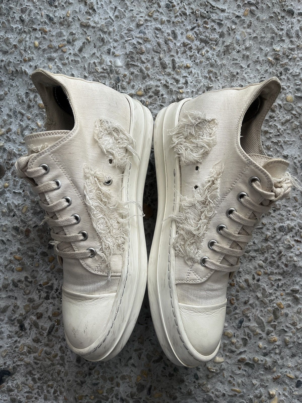 Rick Owens DRKSHDW Distressed Low-Top Denim Sneakers – Off-White Size US 6 / EU 39 - 4 Thumbnail