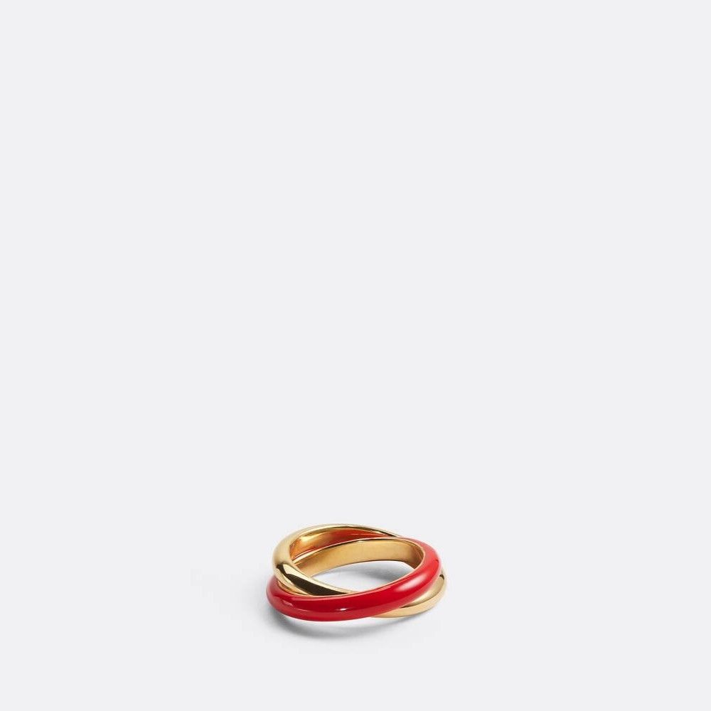 Bottega Veneta Essentials Gold And Red Enamel Interlocking Rings Size ONE SIZE - 2 Thumbnail