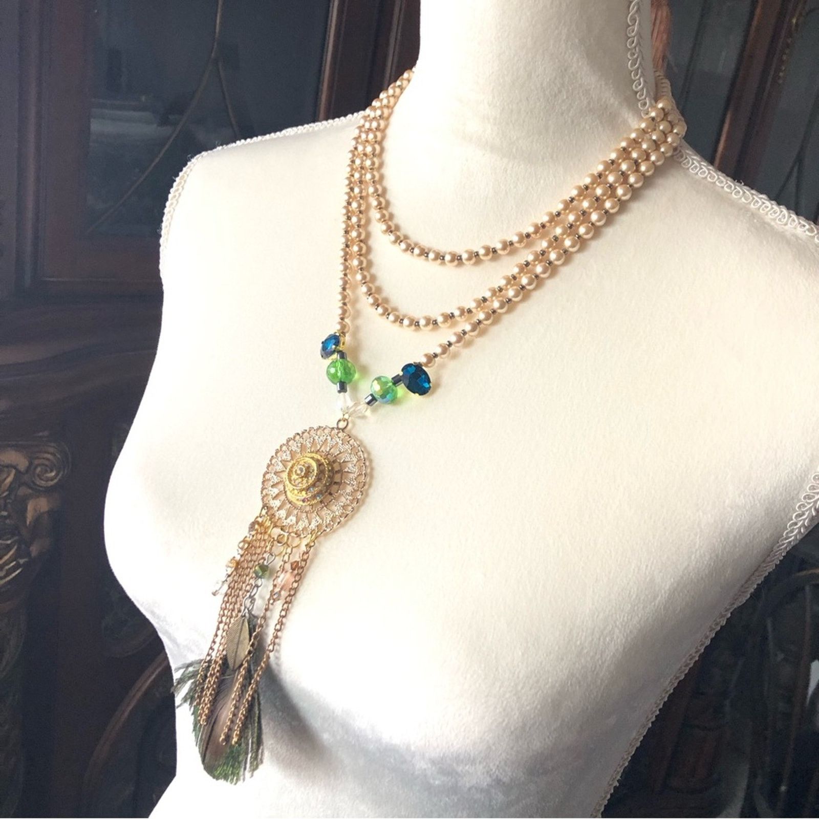 Handmade Handcrafted filigree pendant Pearl genuine emerald necklac Size ONE SIZE - 1 Thumbnail