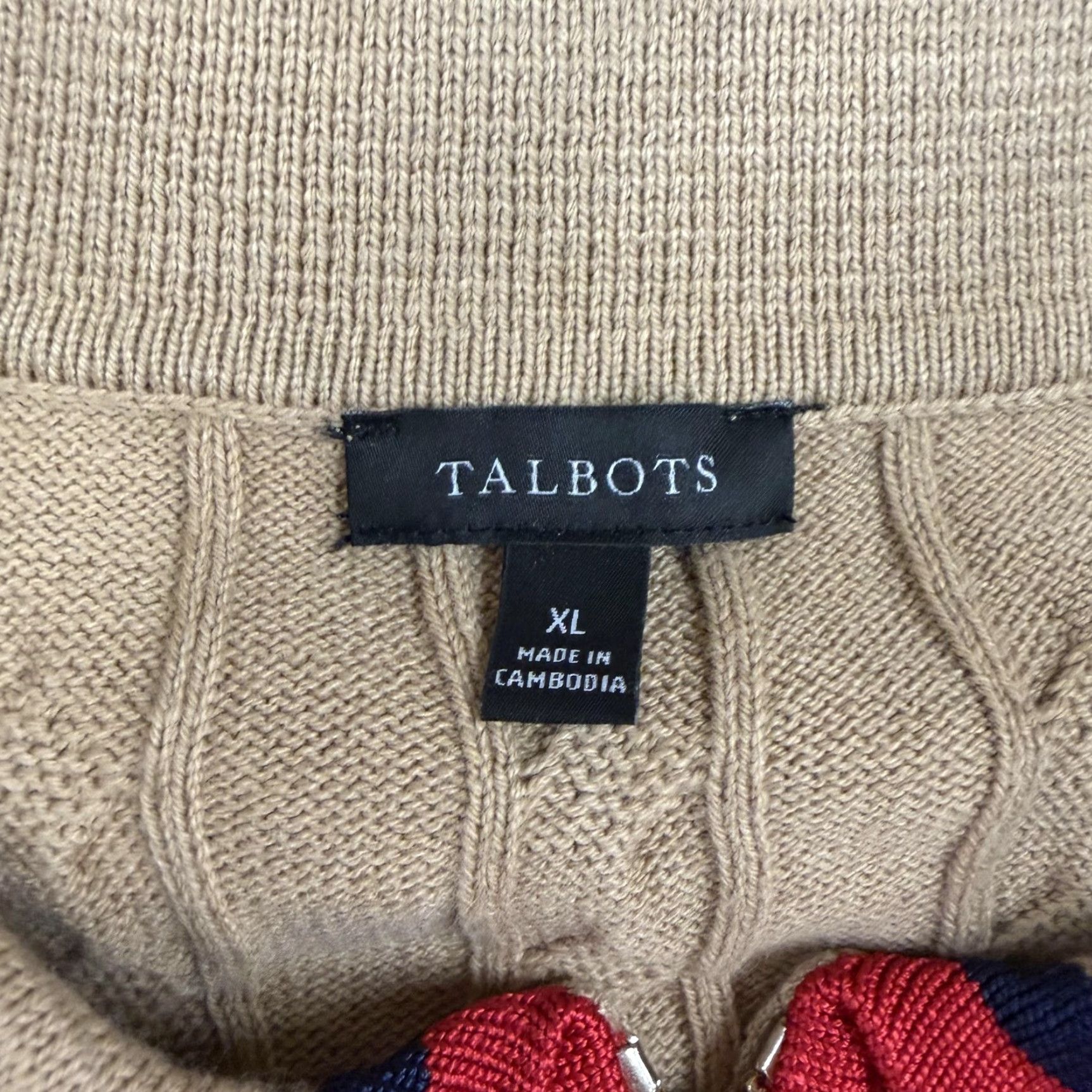 Talbots Talbots Sweater Womens XL Tan Cable Knit Zip Front Collared Cardigan Pearl Trim Size XL / US 12-14 / IT 48-50 - 3 Thumbnail