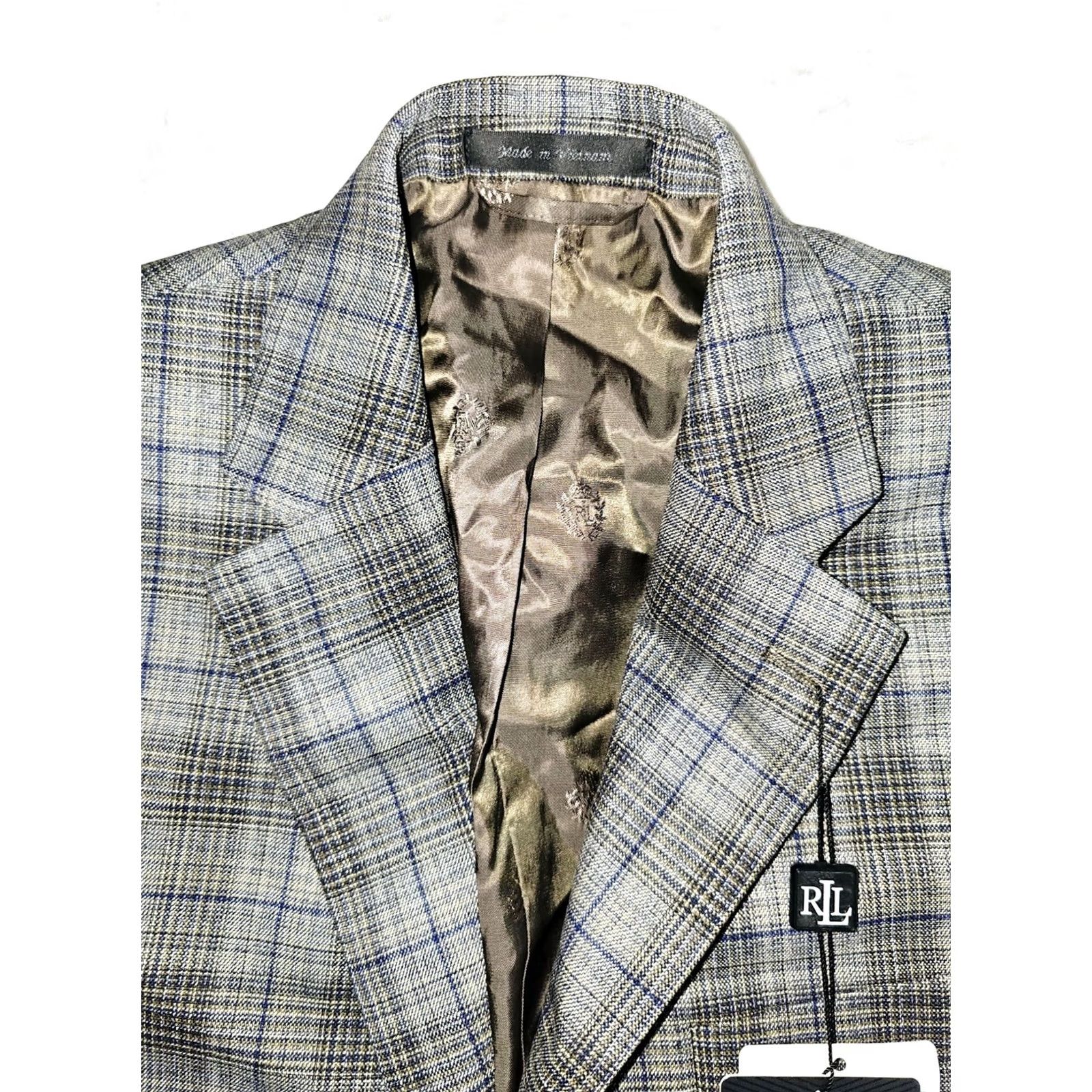 Ralph Lauren VINTAGE? (No) NWT Ralph Lauren Men Lexington Ultraflex Blazer Suit Coat Mens Sz 38R Taupe/Blue Check Blazer Jacket 38 Regular Mens Size 38R - 3 Thumbnail