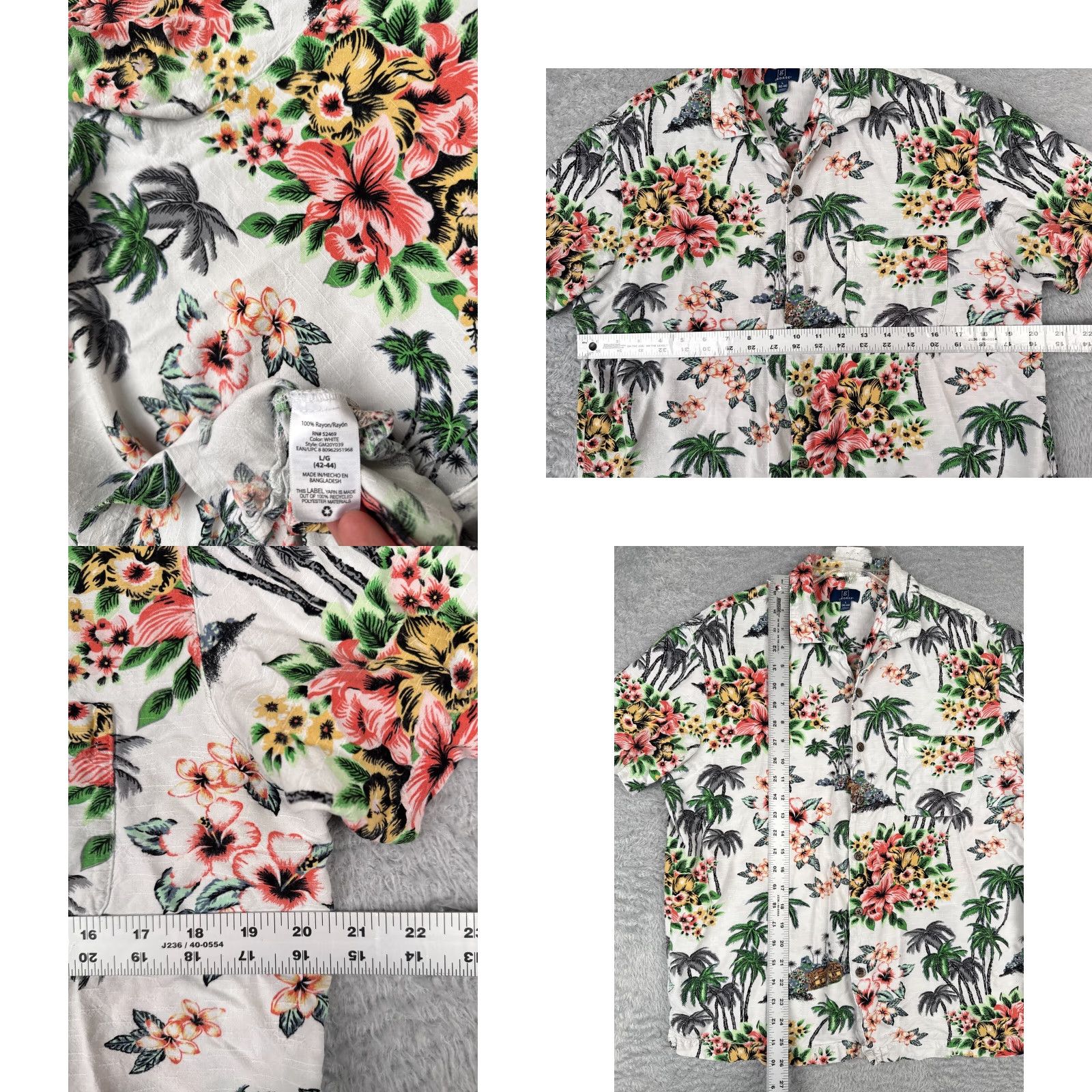 George George Shirt Adult Large White Floral Palm Print Button Up Hawaiian Rayon Mens Size US L / EU 52-54 / 3 - 8 Thumbnail