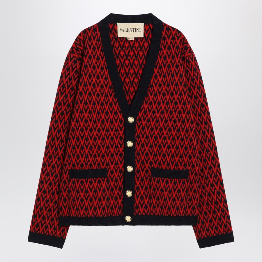 Valentino o1d2blof1025 Jacquard Patterned Cardigan in Red/Navy Blue Size US XL / EU 56 / 4 - 1 Thumbnail