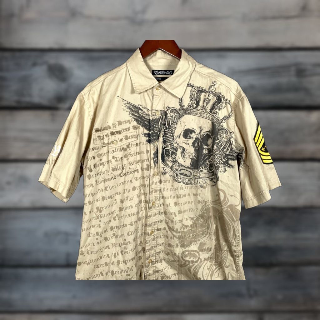 Ecko Unltd. VINTAGE Ecko Unltd. Skull Wings Military Shirt Adult Large Beige Geometric Hip Hop Mens Size US L / EU 52-54 / 3 - 1 Thumbnail
