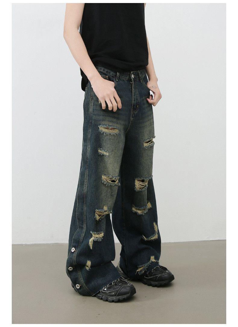 Japanese Brand × Vintage Men's loose straight raw edge washed wide-leg ripped jeans Size US 32 / EU 48 - 5 Thumbnail