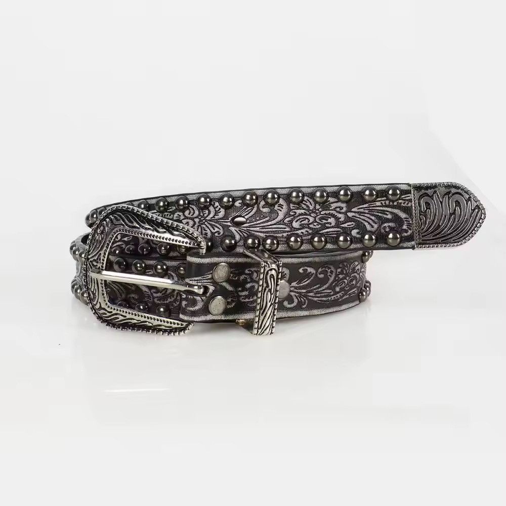 Japanese Brand 112 cm Engraved PU Leather Stud Belt | Vintage Western Style Size ONE SIZE - 2 Thumbnail