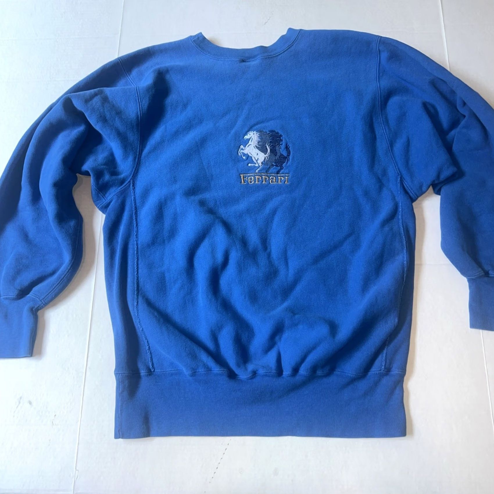 Champion VINTAGE Ferrari x Champion Collab Mashup Sweatshirt Adult XL Blue Crew Neck Long Sleeve Knit Cotton Embroidered Graphic Print Logo Regular Fit Size US XL / EU 56 / 4 - 3 Thumbnail