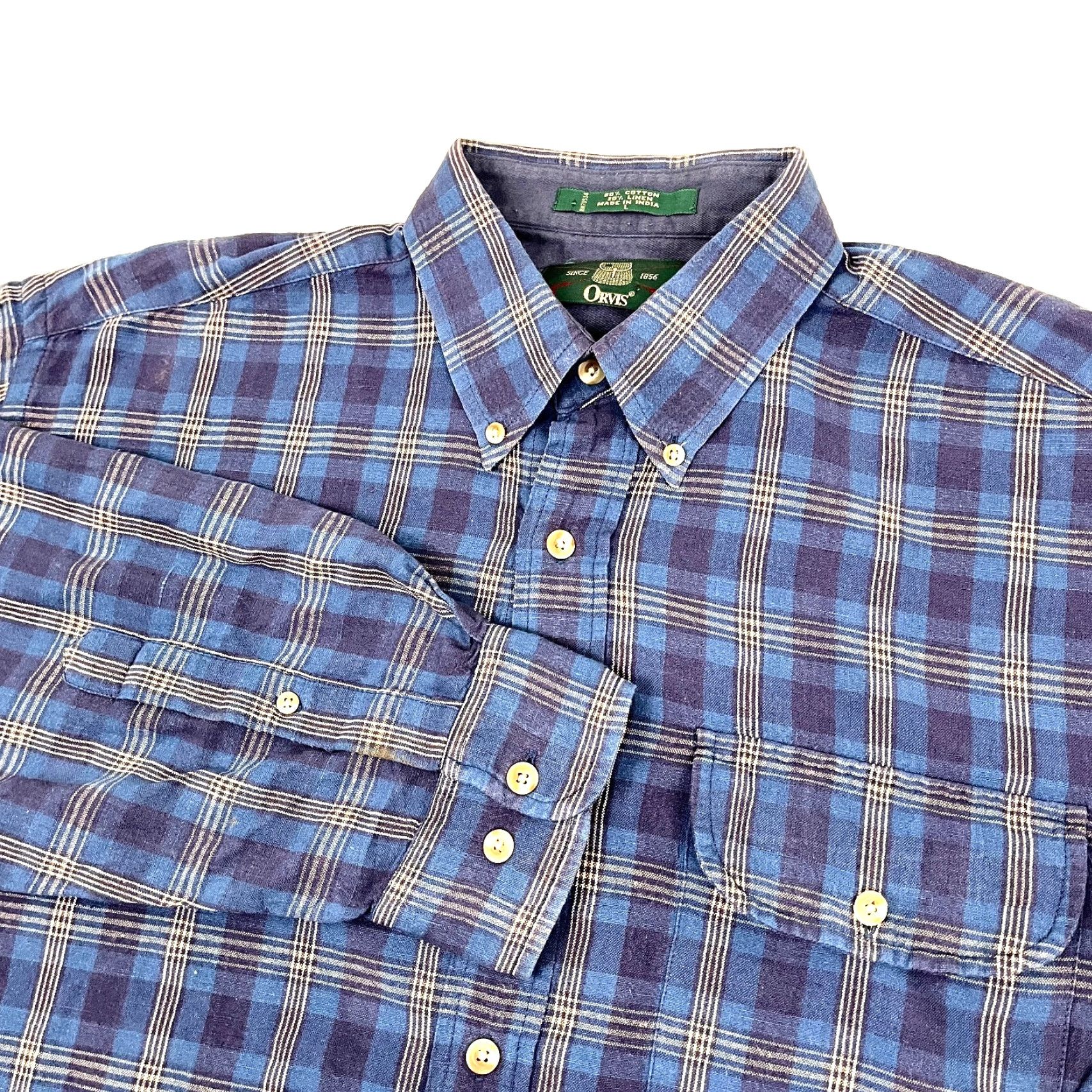 Orvis Orvis Shirt Mens L Blue Plaid Linen Blend Button-Up Long Sleeve VTG - Classic Outdoor, Casual, Travel, Workwear, Button-Down, Blue Plaid, Cotton Linen Size US L / EU 52-54 / 3 - 2 Thumbnail