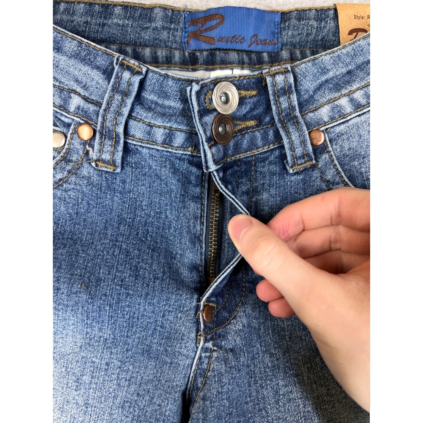 Denime Rustic Jeans Blue Denim Cropped Straight Jeans Womens 1 Stretch Patches Distressed Classic Western Style 5-Pocket Size 25" / US 0 / IT 36 - 7 Thumbnail