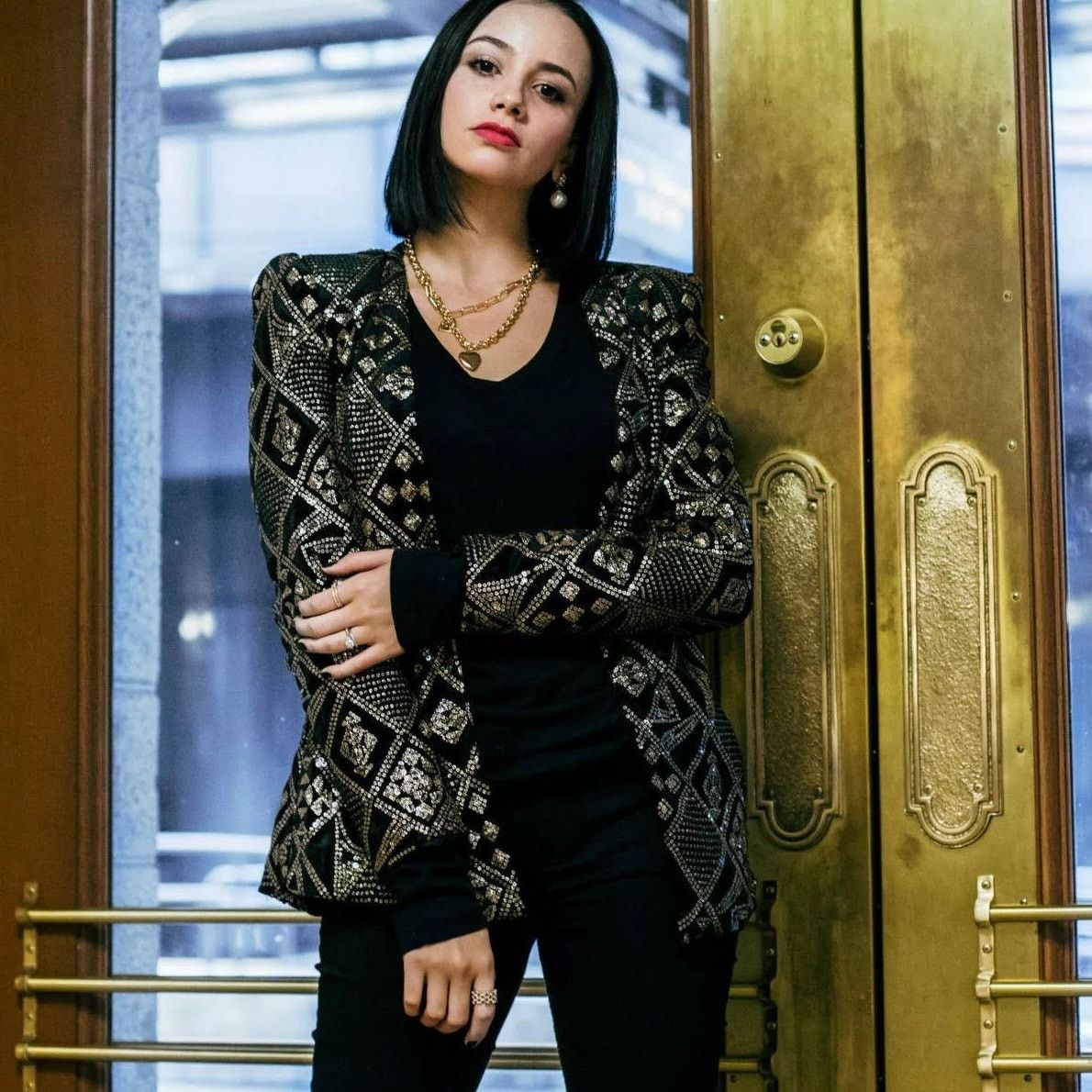 Zara Black Velvet Gold Sequin Embellished Blazer Jacket XS