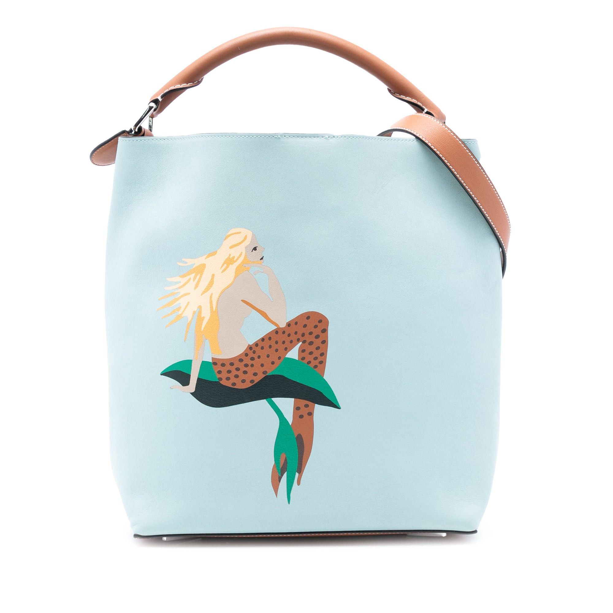 Paulas Ibiza Mermaid Print Leather Bucket Bag