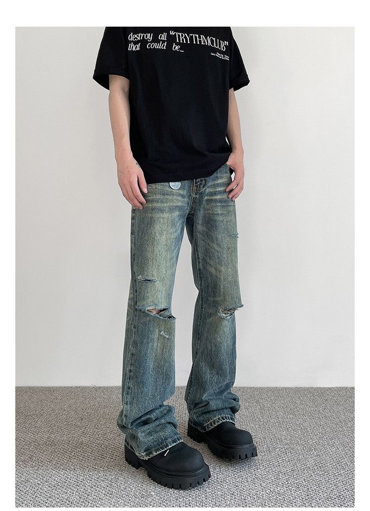 Japanese Brand × Jean Retro distressed men's straight flared cleanfit ripped jeans Size US 32 / EU 48 - 2 Thumbnail